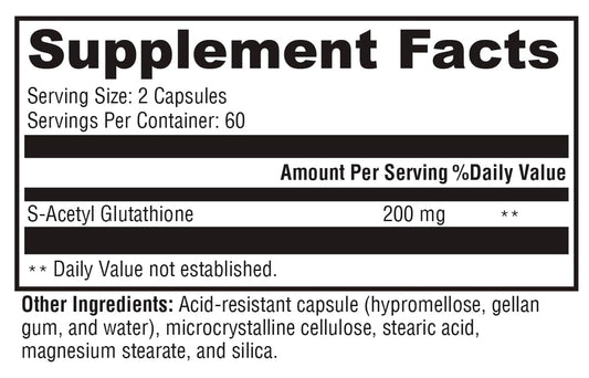 Close-up of XYMOGEN S Acetyl Glutathione capsules highlighting acid-resistant capsules.