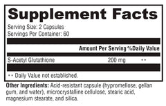 Close-up of XYMOGEN S Acetyl Glutathione capsules highlighting acid-resistant capsules.