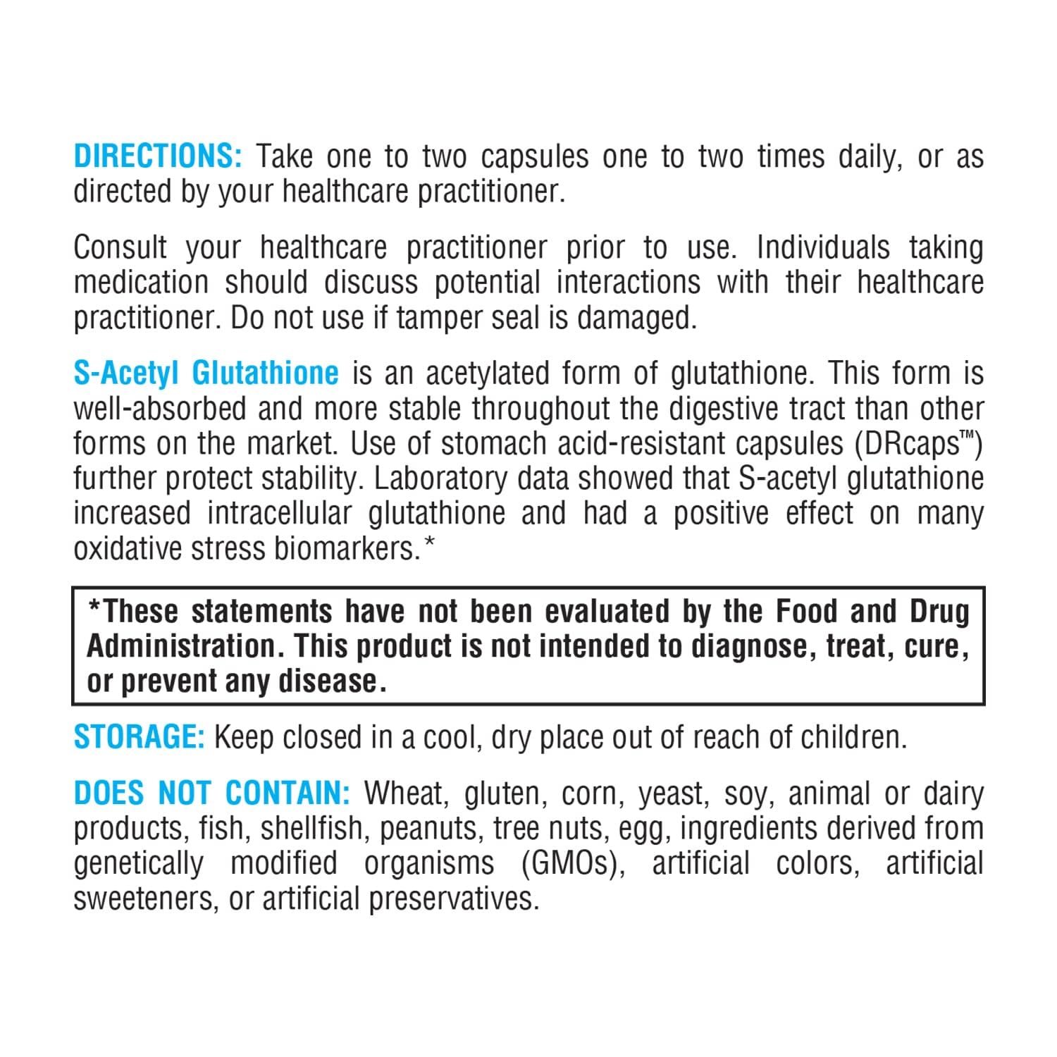 Label emphasizing allergen-free formulation of XYMOGEN S Acetyl Glutathione.