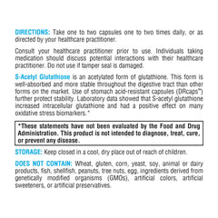 Label emphasizing allergen-free formulation of XYMOGEN S Acetyl Glutathione.