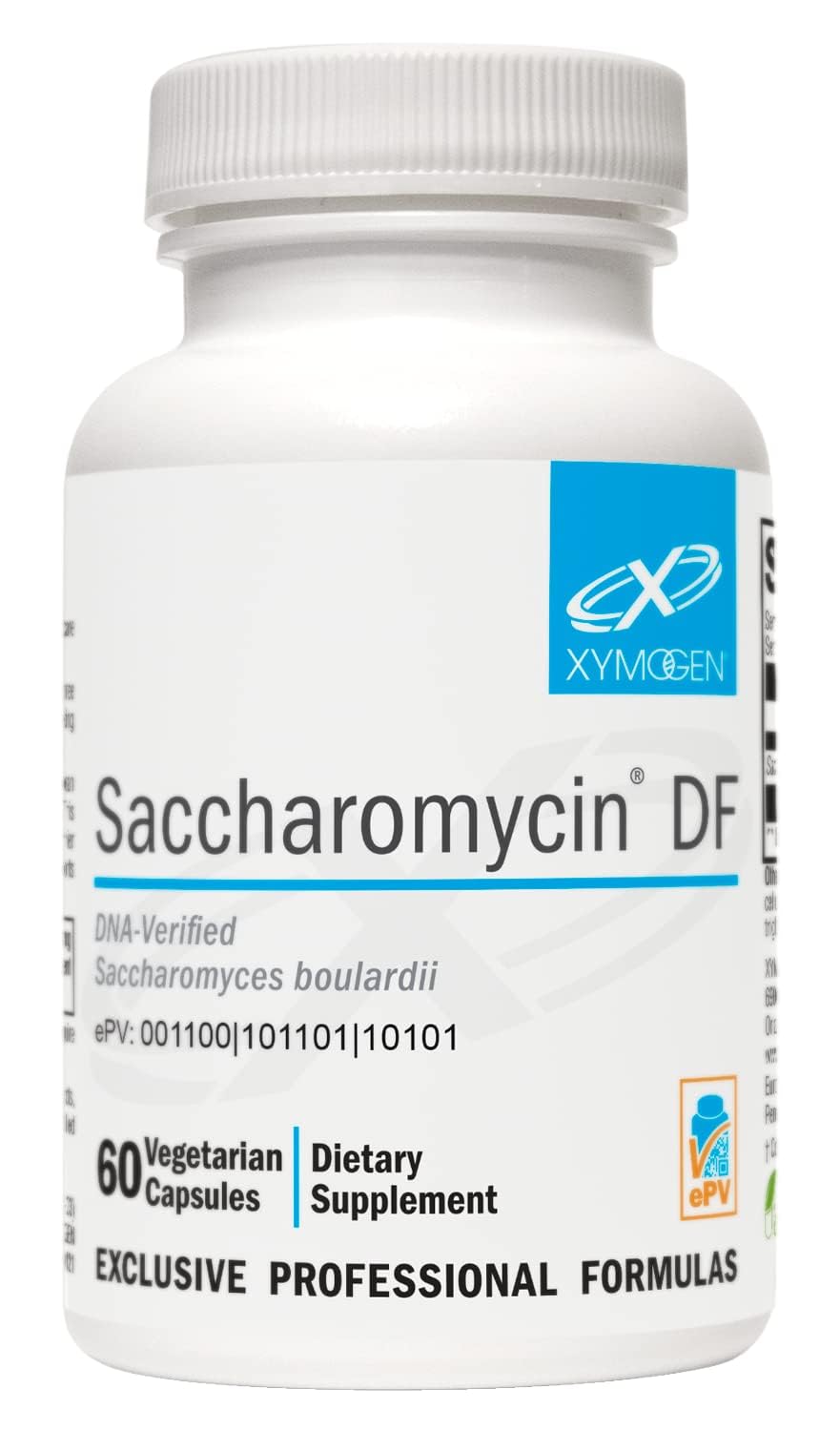 XYMOGEN Saccharomycin 10B bottle with stomach acid-resistant probiotic capsules for gut support.