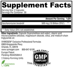 XYMOGEN Saccharomycin 10B capsules pack showcases convenient, travel-friendly dairy-free probiotic intake.