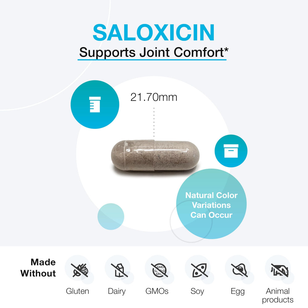 Label detail of XYMOGEN Saloxicin highlighting Boswellia AKBA and berry blend.