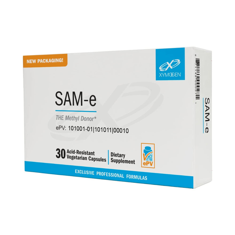 XYMOGEN SAM-e bottle label highlighting gluten-free and non-GMO formulation.