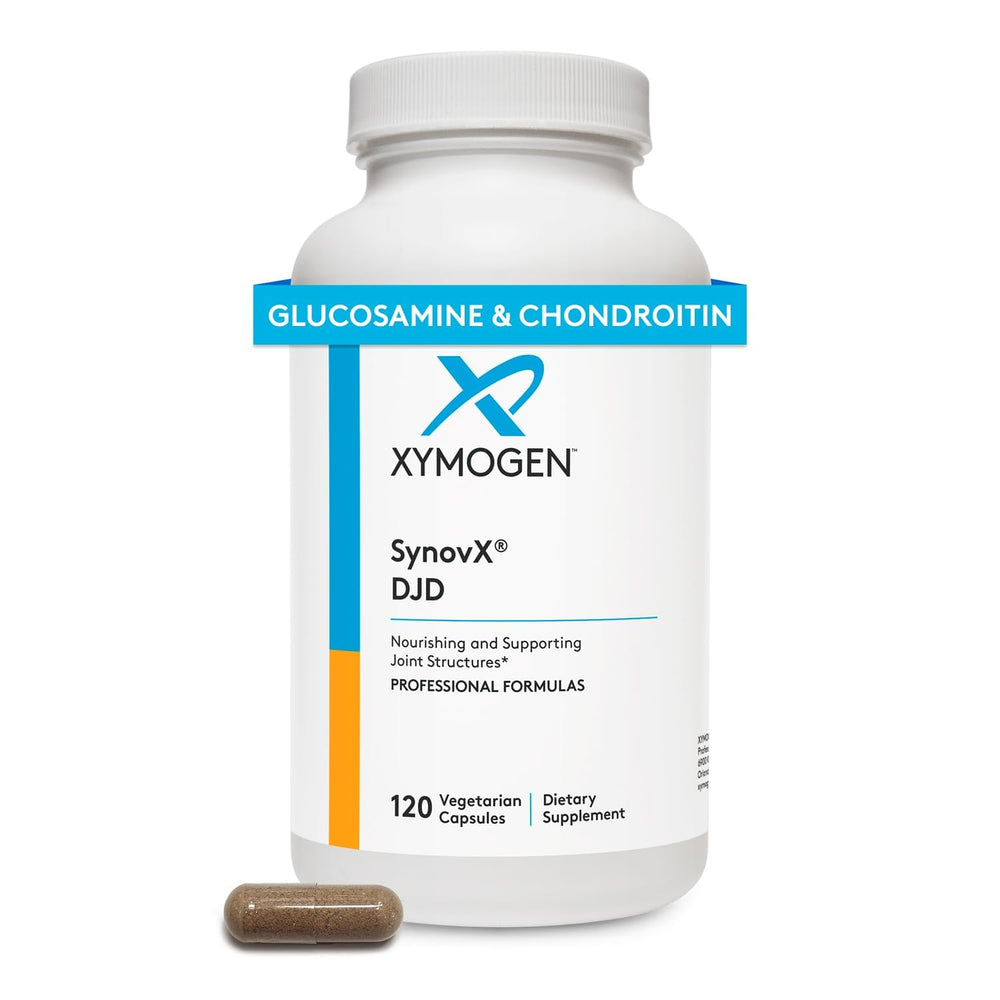 XYMOGEN SynovX DJD bottle showcases joint support formula for active adults.