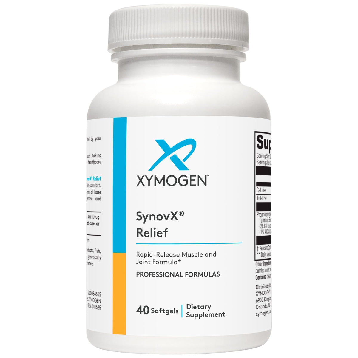 XYMOGEN SynovX Relief bottle shown for joint support and mobility benefits.