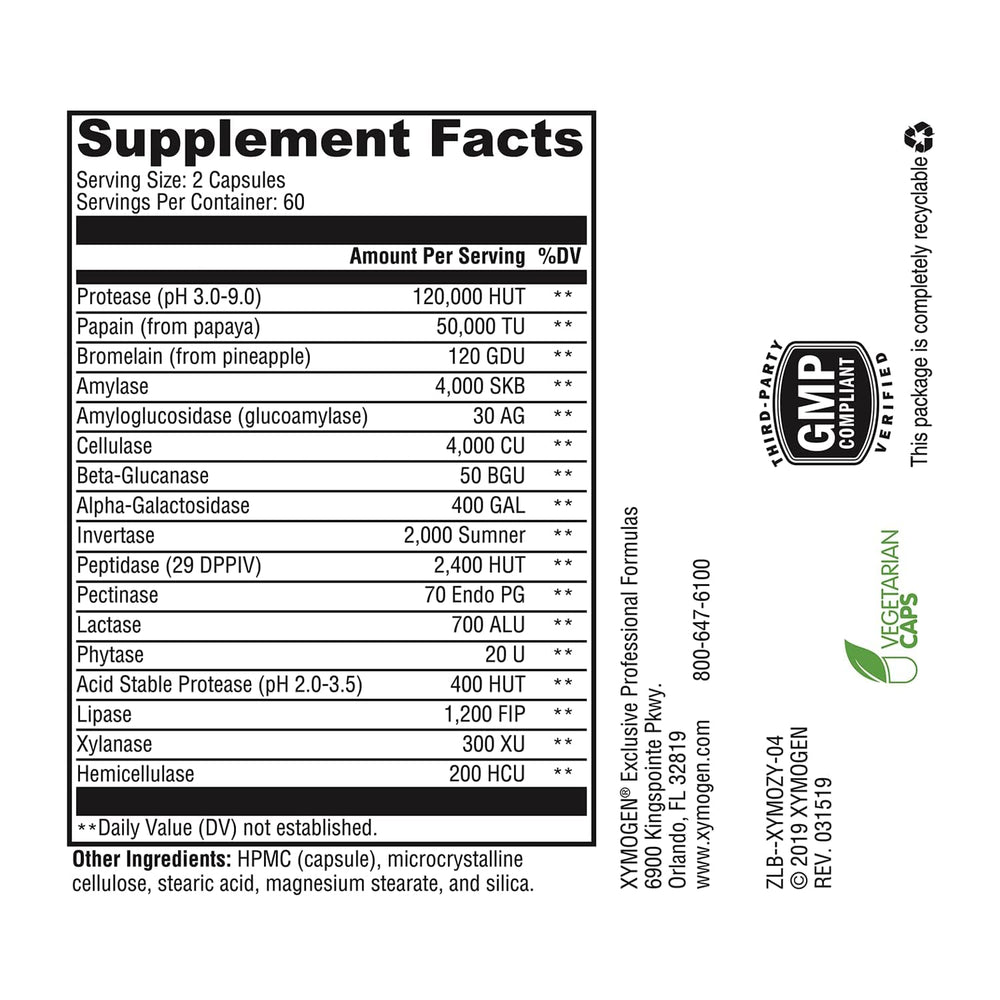 XYMOGEN XymoZyme ingredient panel highlights the multi-enzyme blend.