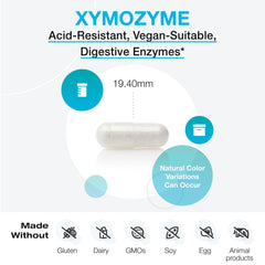 XYMOGEN XymoZyme vegan formula label emphasizing plant-based enzymes.