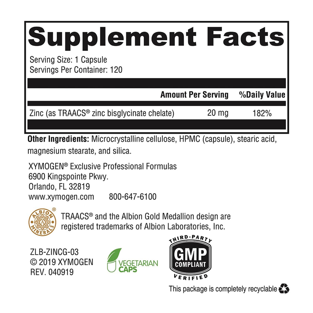 XYMOGEN zinc bisglycinate capsules pouring to show easy daily immune support