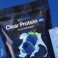 Xyngular Clear Protein Blue Raspberry bag back view ready to mix.