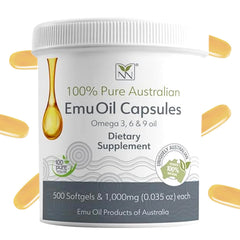 Y Not Natural emu oil capsules bottle highlights premium wellness potential.