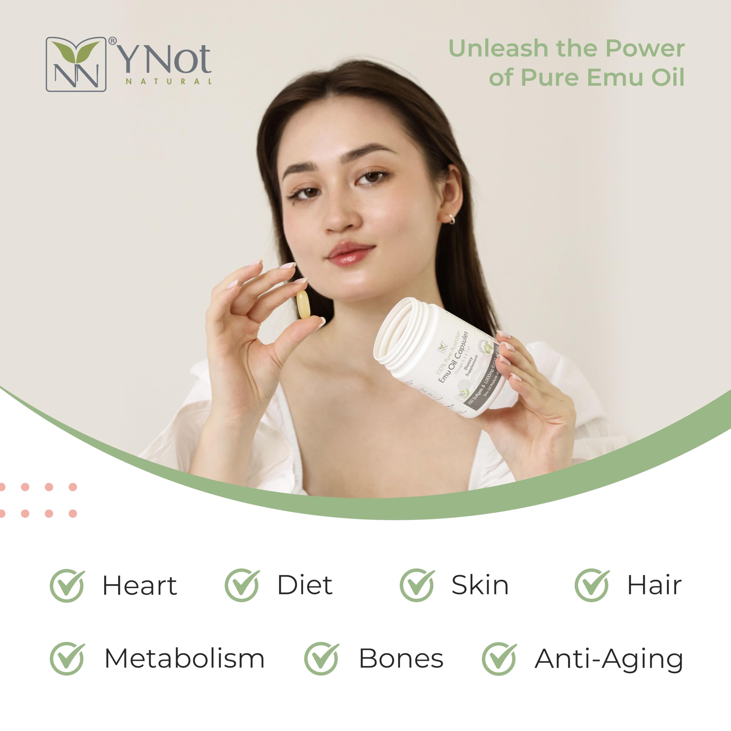 Y Not Natural emu oil capsules being poured for easy daily intake.