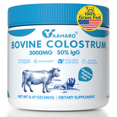 YAAHARO Bovine Colostrum Powder tub visible, potential gut health support.
