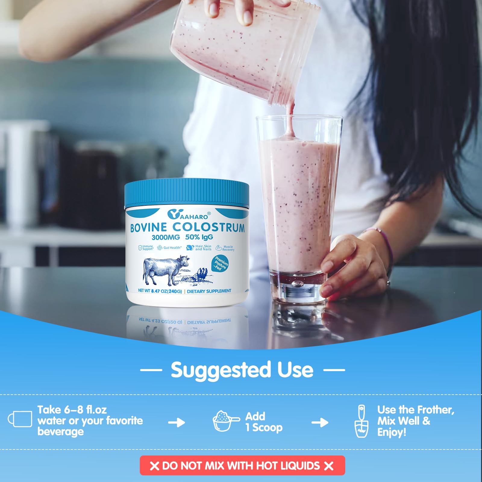 Sugar-free formula label on YAAHARO colostrum powder, for clean-tasting supplementation.