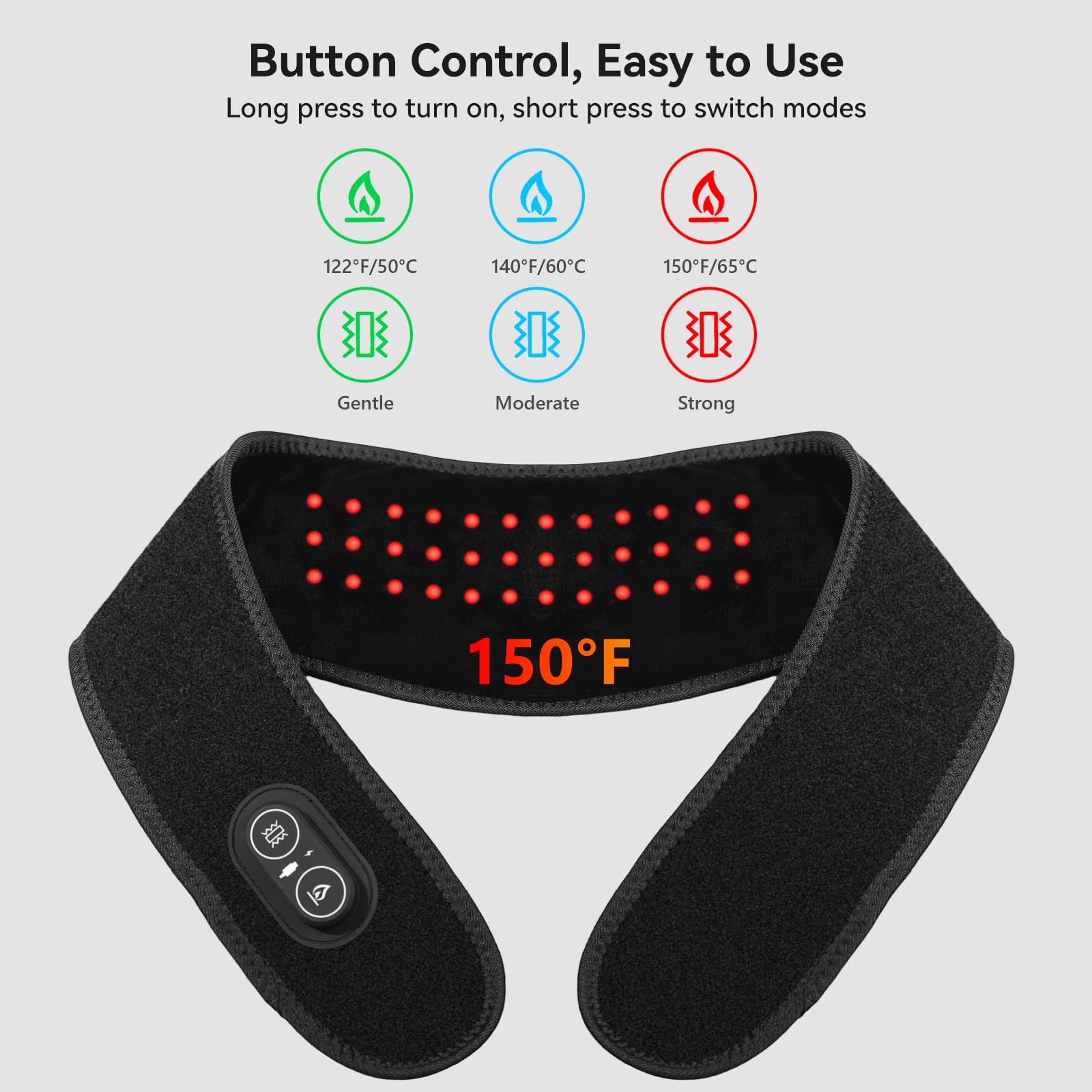 Yabuu neck pad thermostat display shows three heat levels and three massage modes