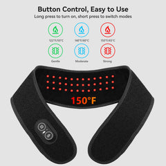 Yabuu neck pad thermostat display shows three heat levels and three massage modes