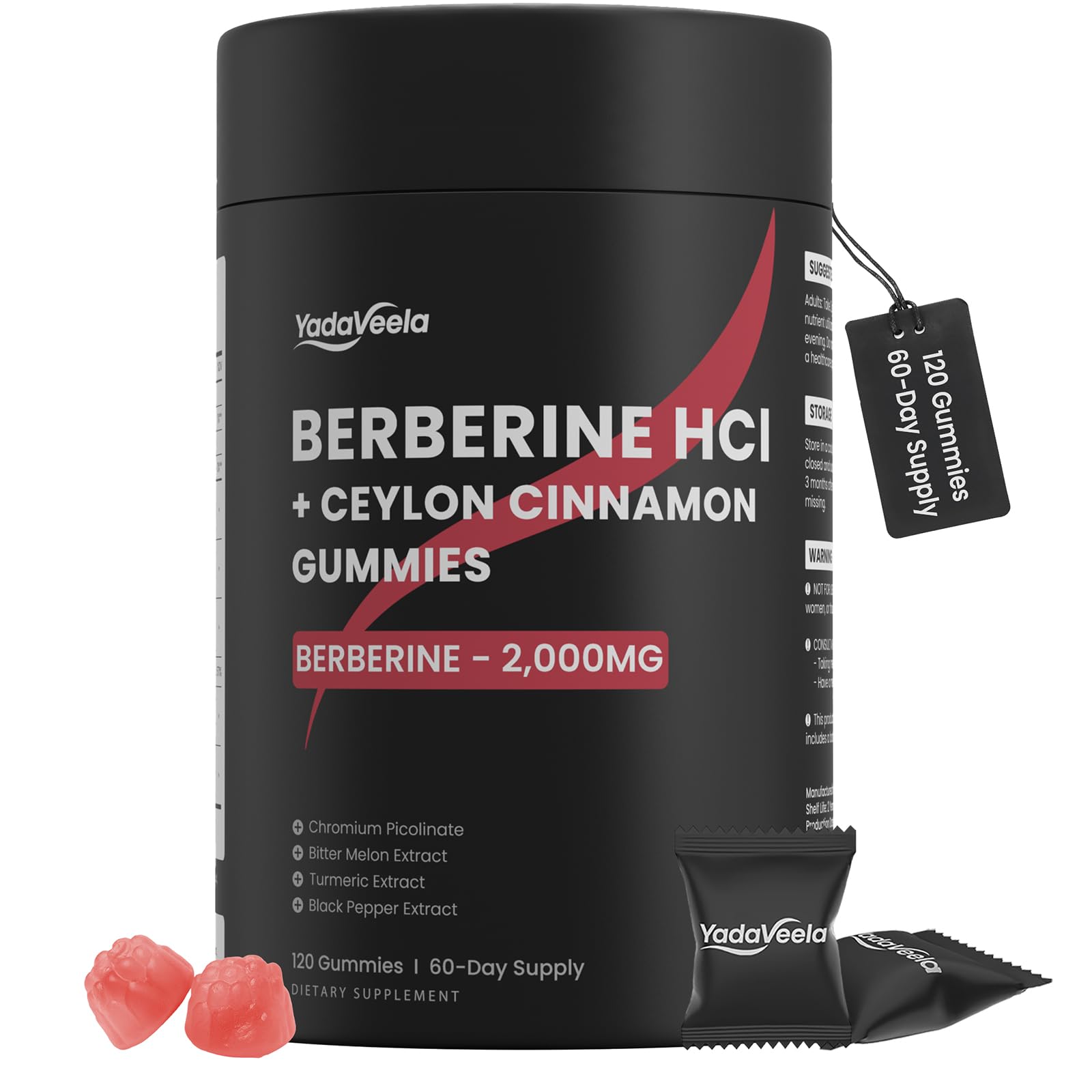 YadaVeela Berberine Gummies bottle with white peach flavor for daily metabolism support.