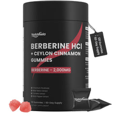 YadaVeela Berberine Gummies bottle with white peach flavor for daily metabolism support.