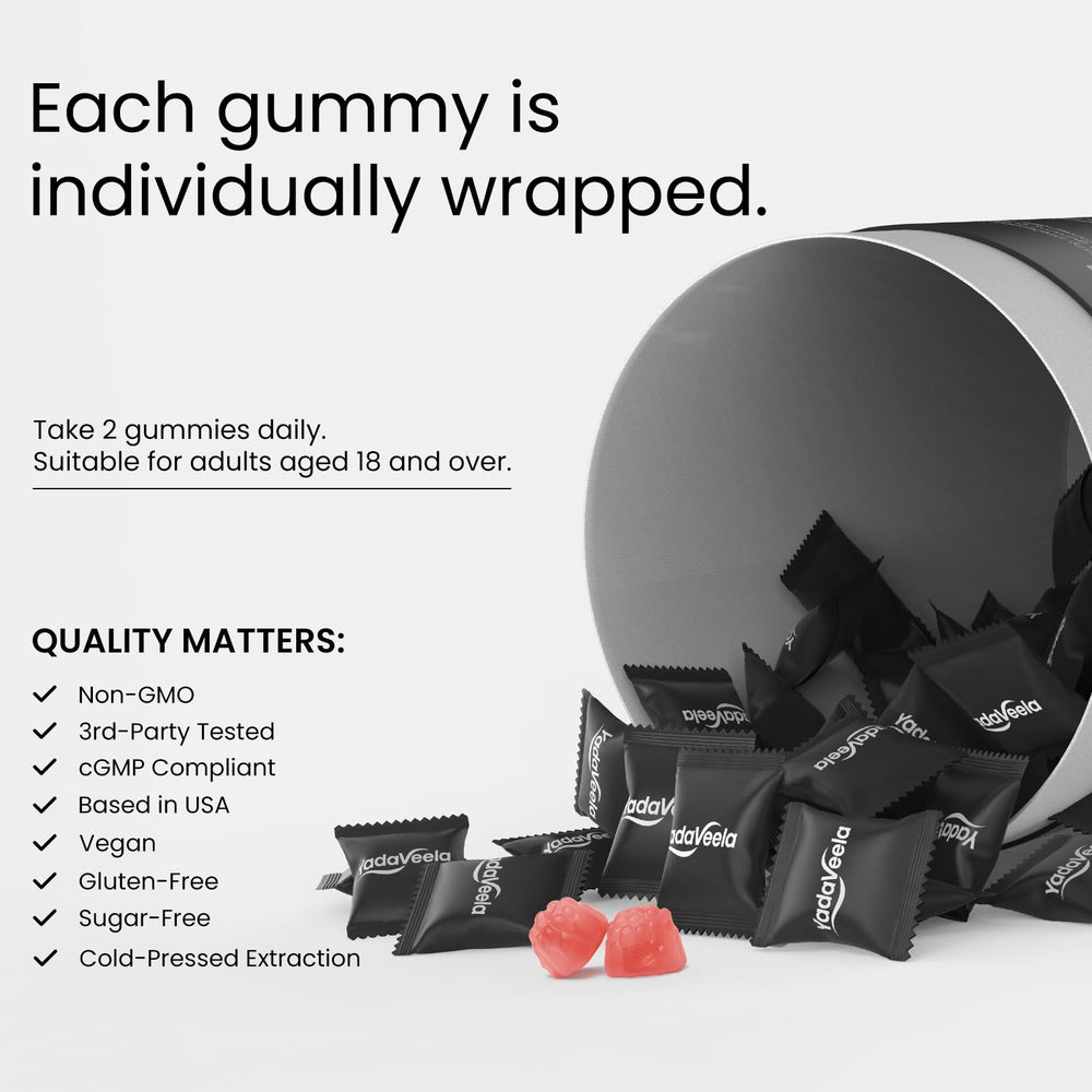Individually wrapped YadaVeela Berberine Gummies for on-the-go use.