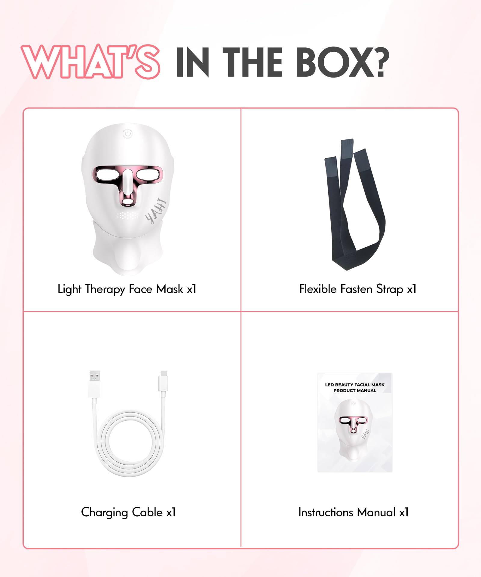 Yahi gift-ready kit includes mask, neck device, cables, and manual.
