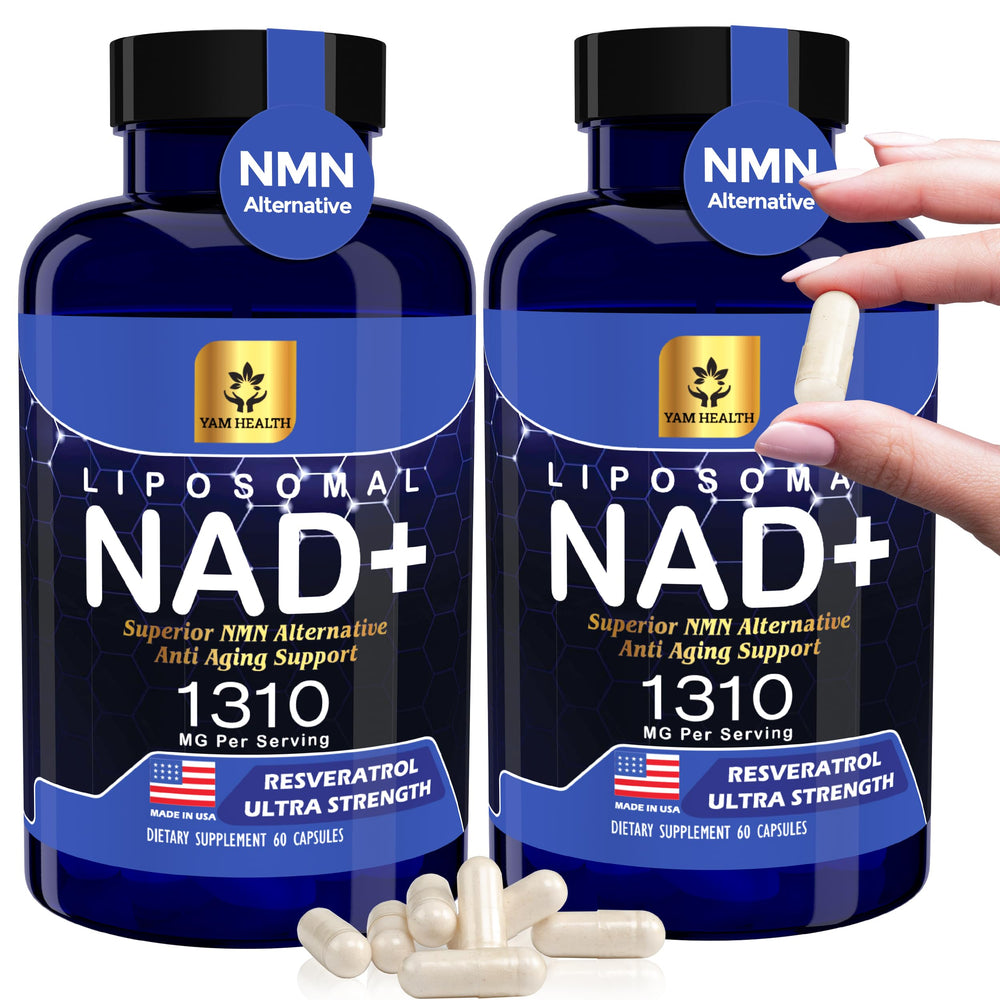 YAM Health liposomal NAD+ bottle close-up highlighting potent energy support