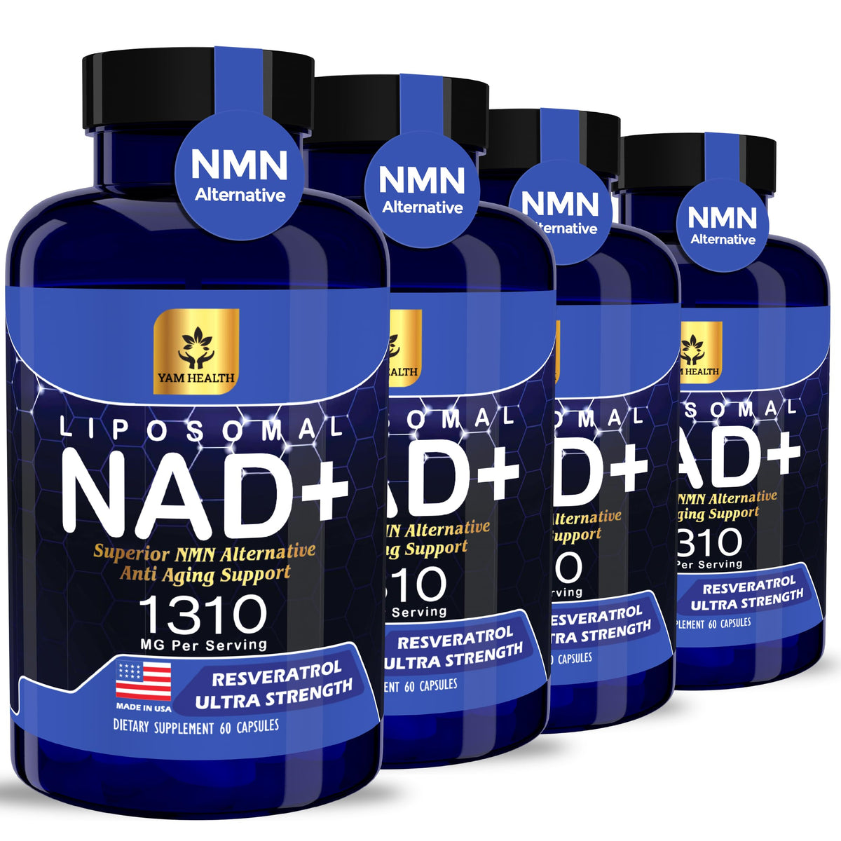 YAM Health liposomal NAD bottle front view highlights easy daily energy support