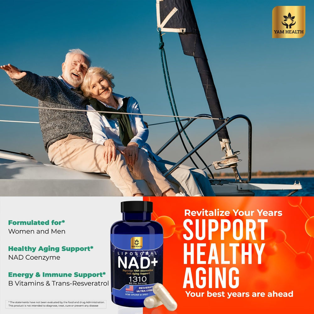 YAM Health NAD capsules closeup showing compact, smooth-to-swallow capsules