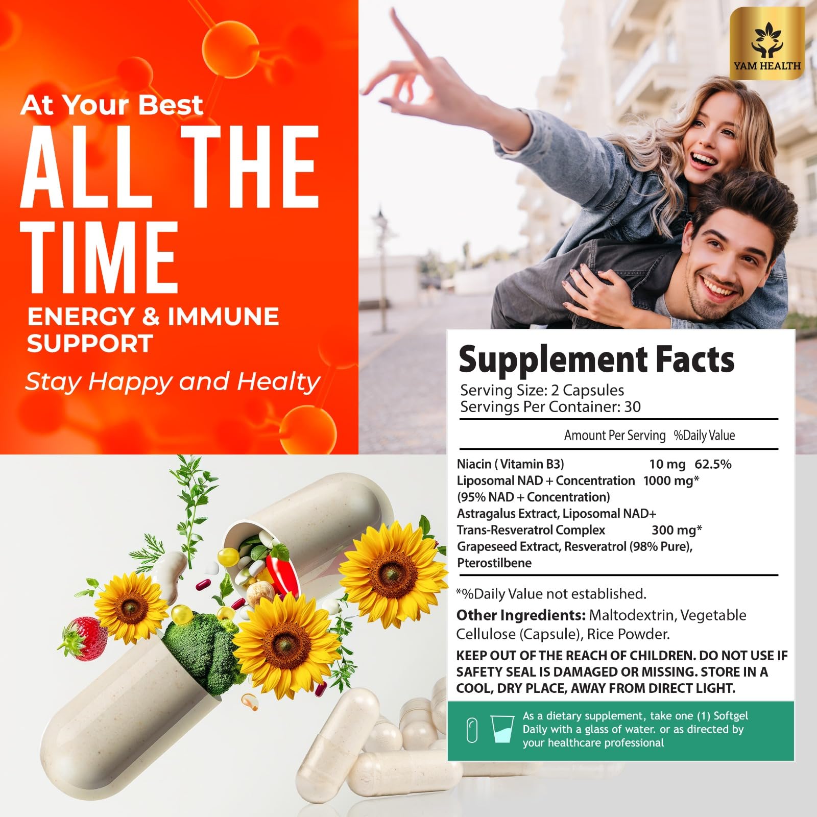 YAM Health packaging illustrates halal vegan non-GMO assurances and quality