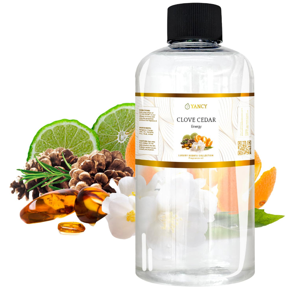 YANCY Clove Cedar fragrance oil bottle for diffusers delivering earthy, cozy aroma.