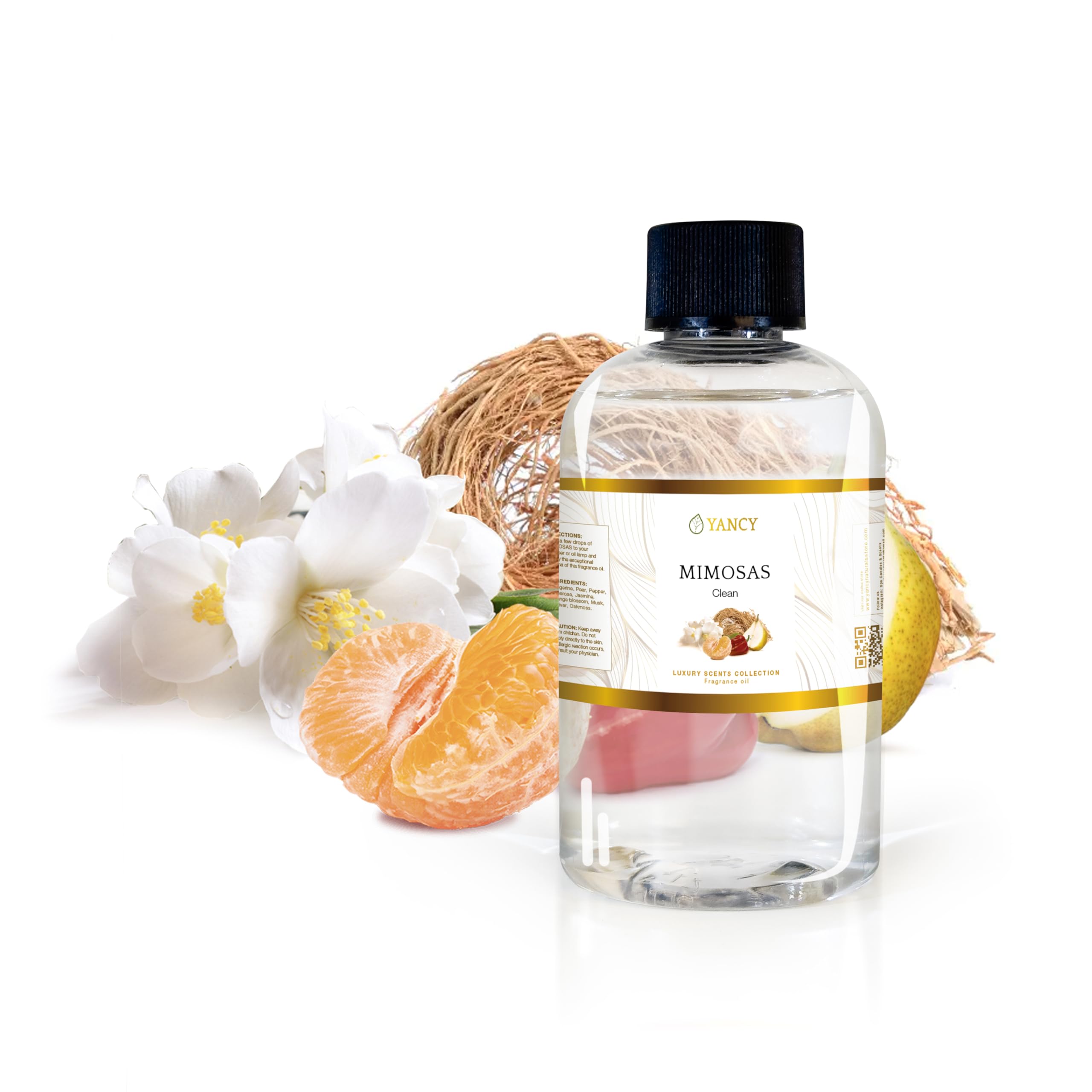 YANCY Mimosas diffuser bottle with bubbly citrus aroma to uplift spaces.