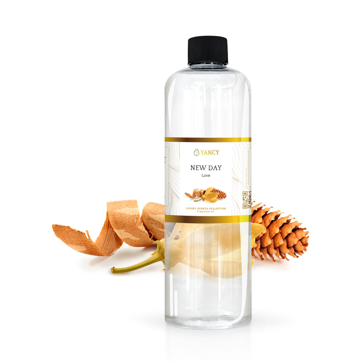 YANCY New Day Luxury Fragrance Oil bottle for diffusers delivering uplifting citrus-floral ambiance.