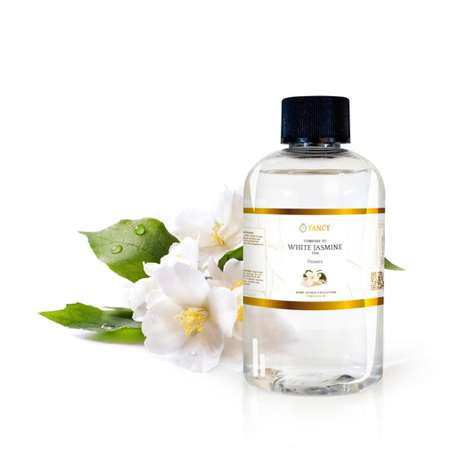YANCY White Jasmine bottle front, premium fragrance oil for diffusers and lamps
