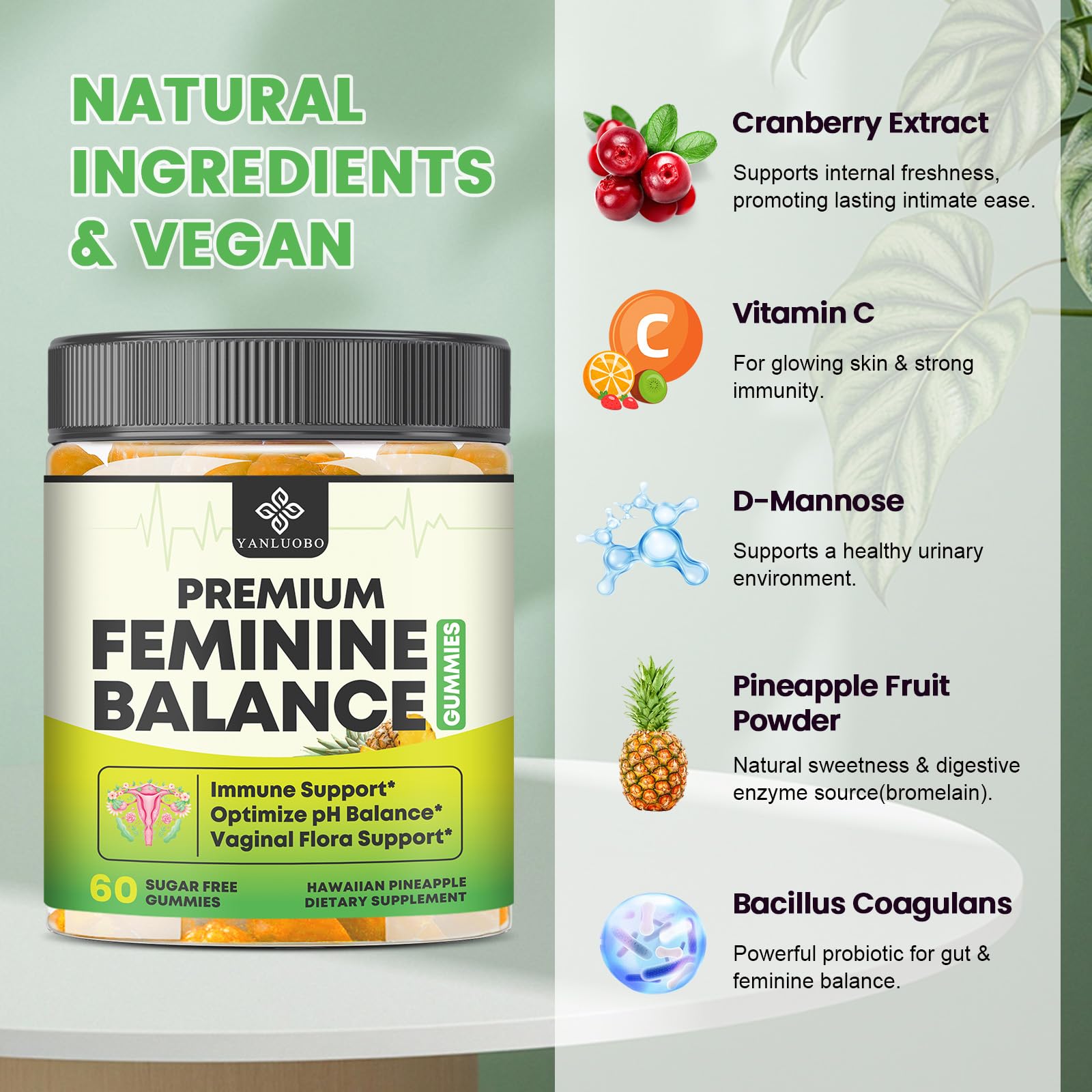 YANLUOBO bottle label showcasing vegan and gluten-free certification.