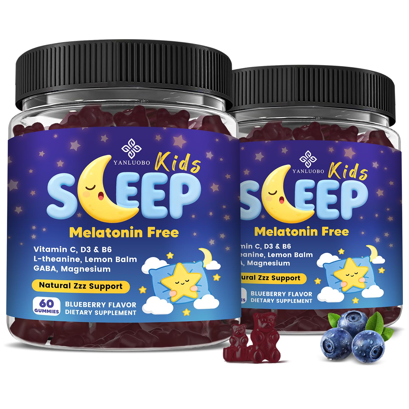 YANLUOBO Kids Sleep Gummies bottle with bear-shaped blueberry bites for calm nights