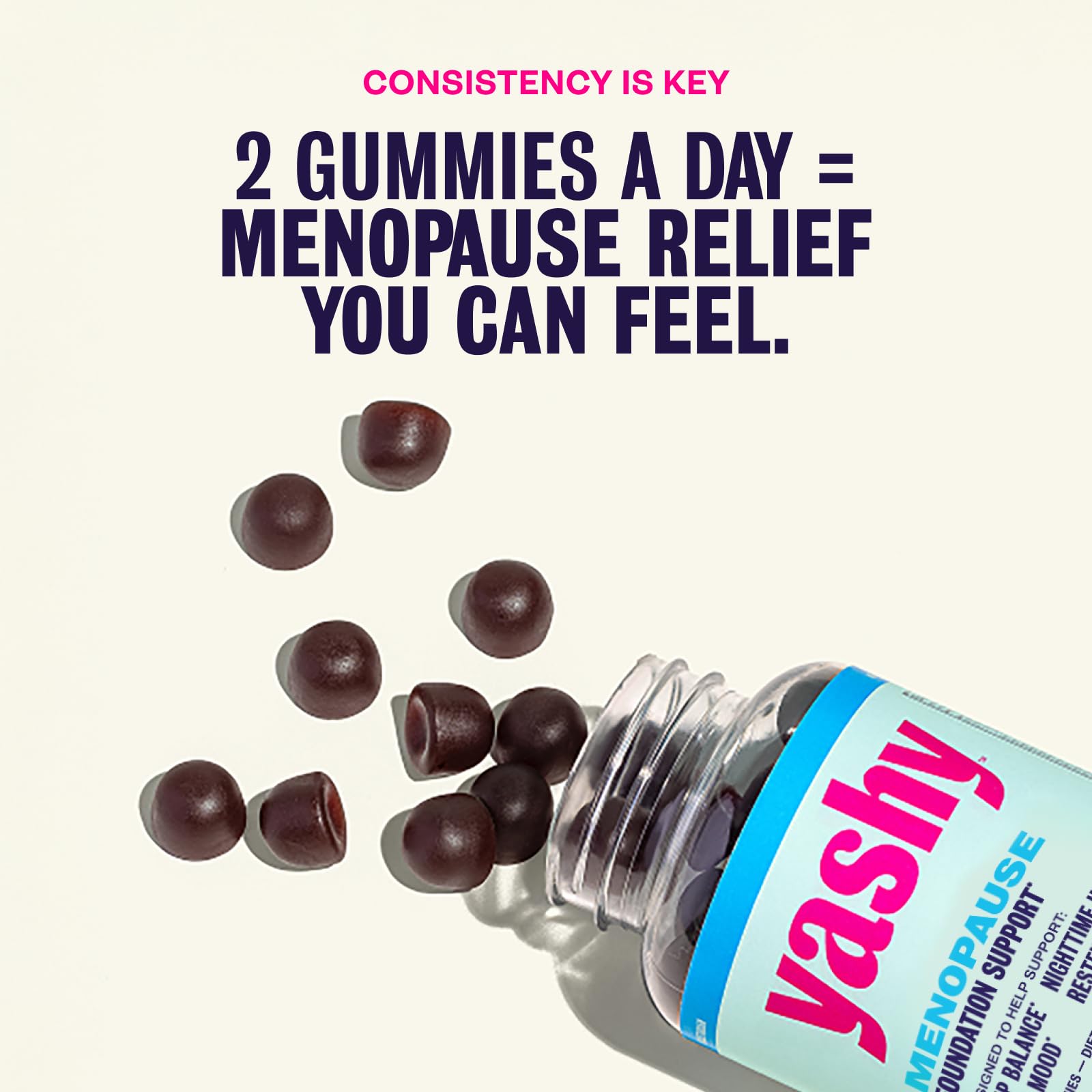 Yashy Gummies label front view highlighting hormone-free formulation.
