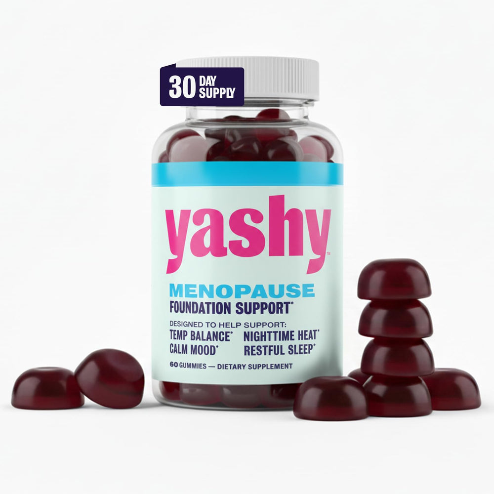 Yashy Gummies menopause bottle front view may support daily symptom relief.