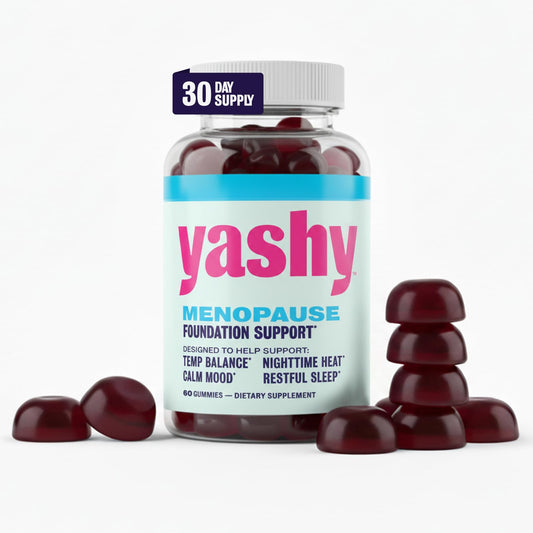 Yashy Gummies menopause bottle front view may support daily symptom relief.