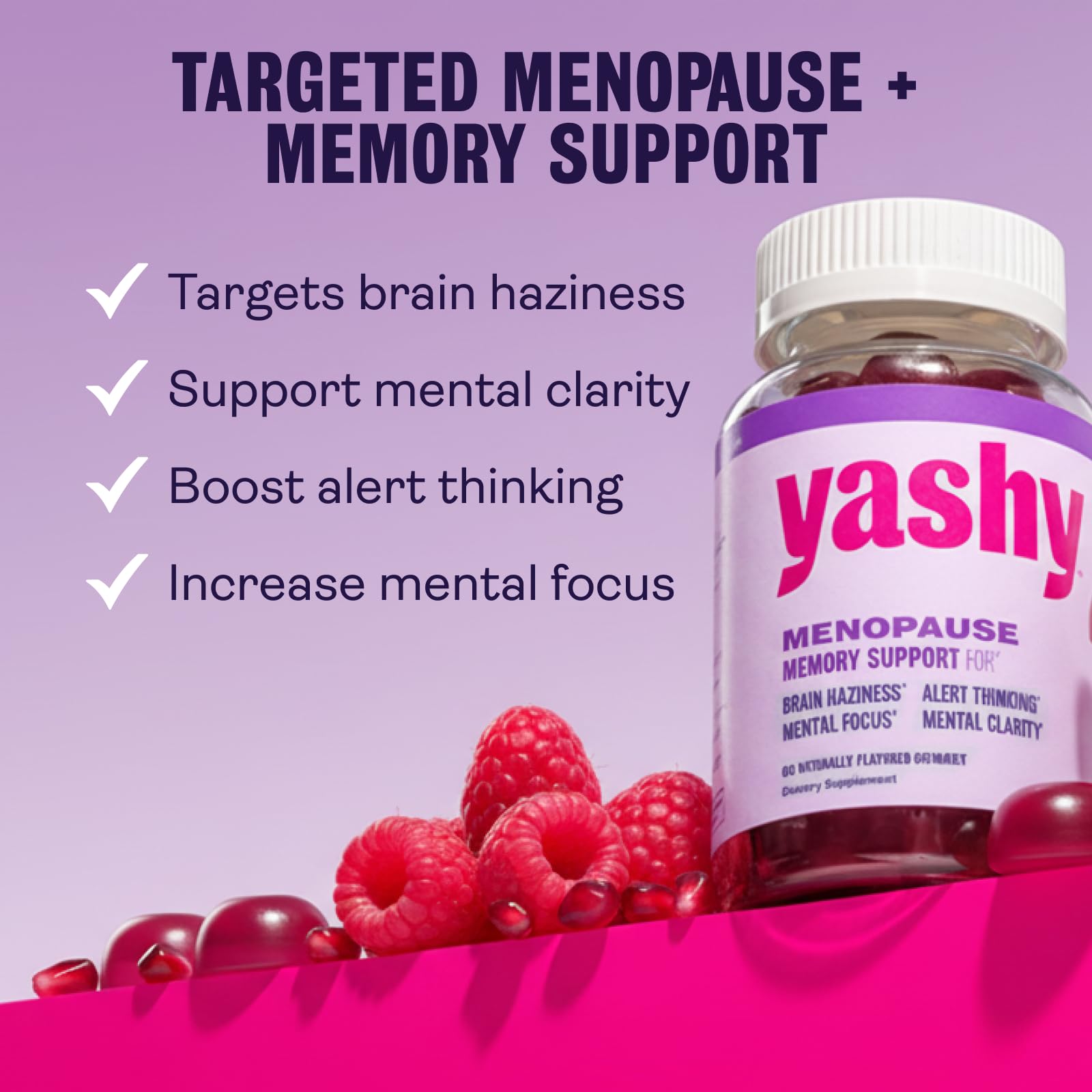 Close-up of Yashy Memory Support Gummies highlighting raspberry-pomegranate flavor for daily use.