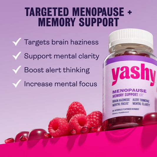 Close-up of Yashy Memory Support Gummies highlighting raspberry-pomegranate flavor for daily use.