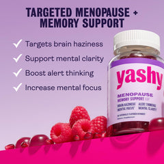Close-up of Yashy Memory Support Gummies highlighting raspberry-pomegranate flavor for daily use.