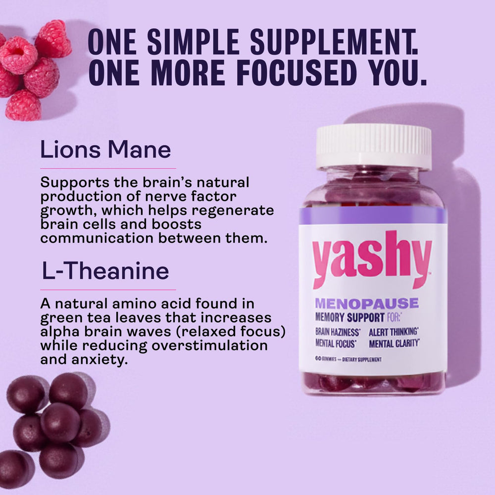 Yashy raspberry-pomegranate gummies label for flavor-led routine.