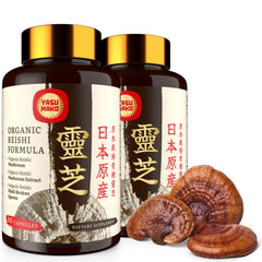 Yasumako Japanese Reishi capsules label on bottle, signaling purity for immune support