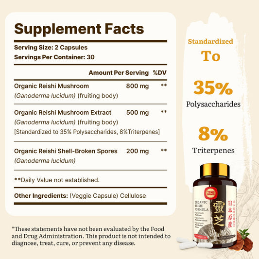Yasumako Reishi extract 500mg close-up highlighting high potency for immune support