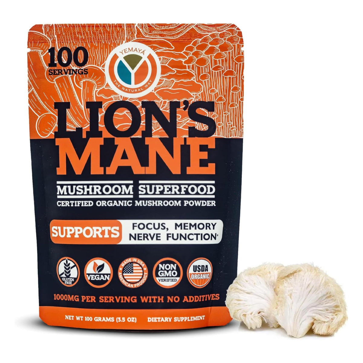 Yemaya Organic Lion's Mane powder jar on a kitchen shelf supports daily focus.
