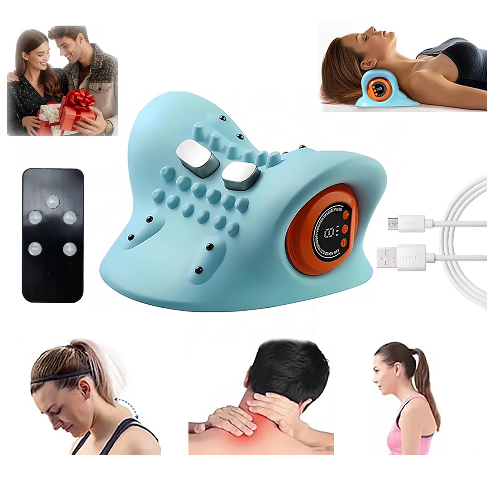Yennix neck massager demonstrating 26° traction angle for spine alignment