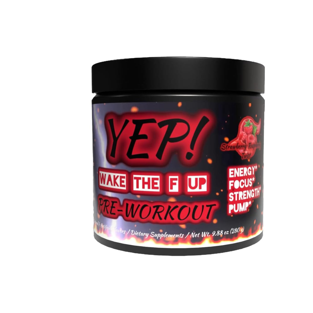 Yep Strength Wake The Faith Up canister in Strawberry Raspberry Twist for energized workouts.