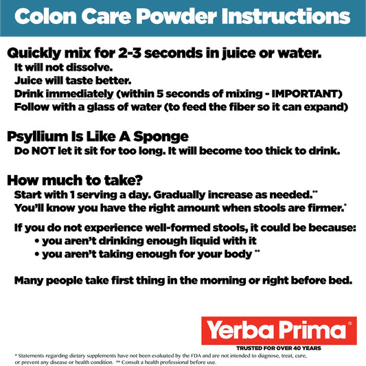 Yerba Prima Colon Care bottle shown with label highlighting fiber-based colon support for regularity.