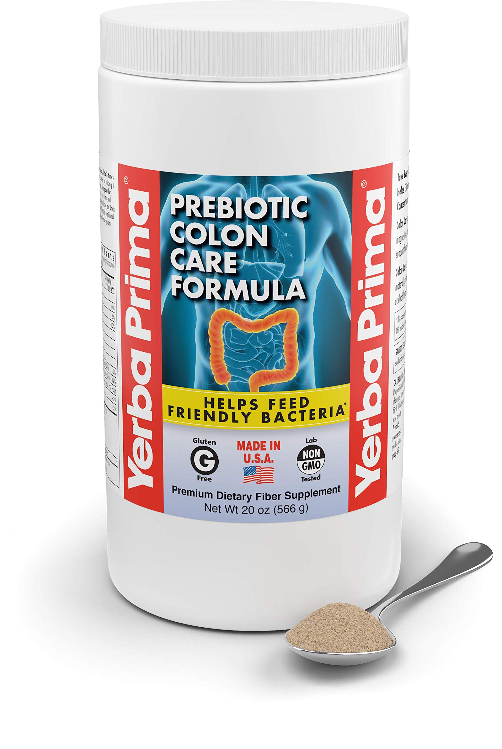 Yerba Prima FOS prebiotic growth complex scoop highlights fiber nourishment for gut flora.