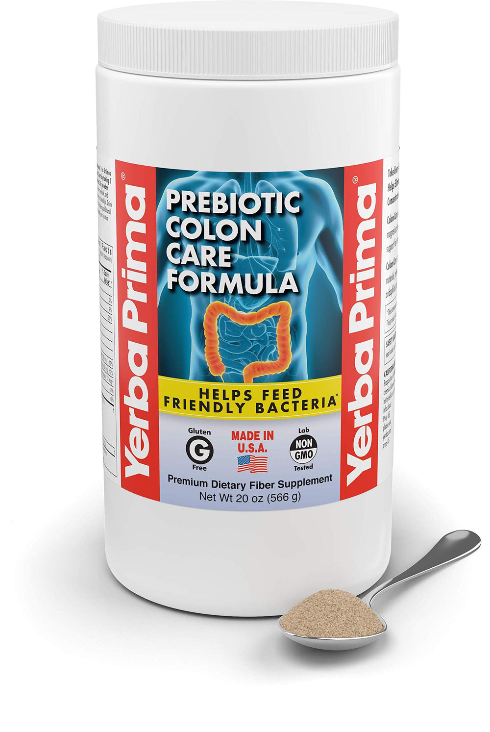Yerba Prima FOS prebiotic growth complex scoop highlights fiber nourishment for gut flora.