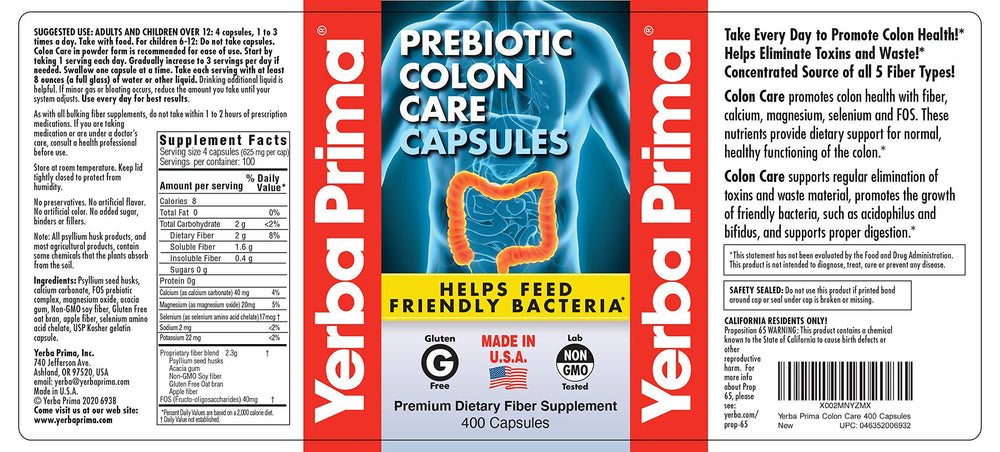 Yerba Prima Colon Care FOS prebiotics image highlights nourishment for healthy digestion.
